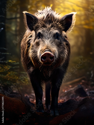 Wild boar running in the forest.