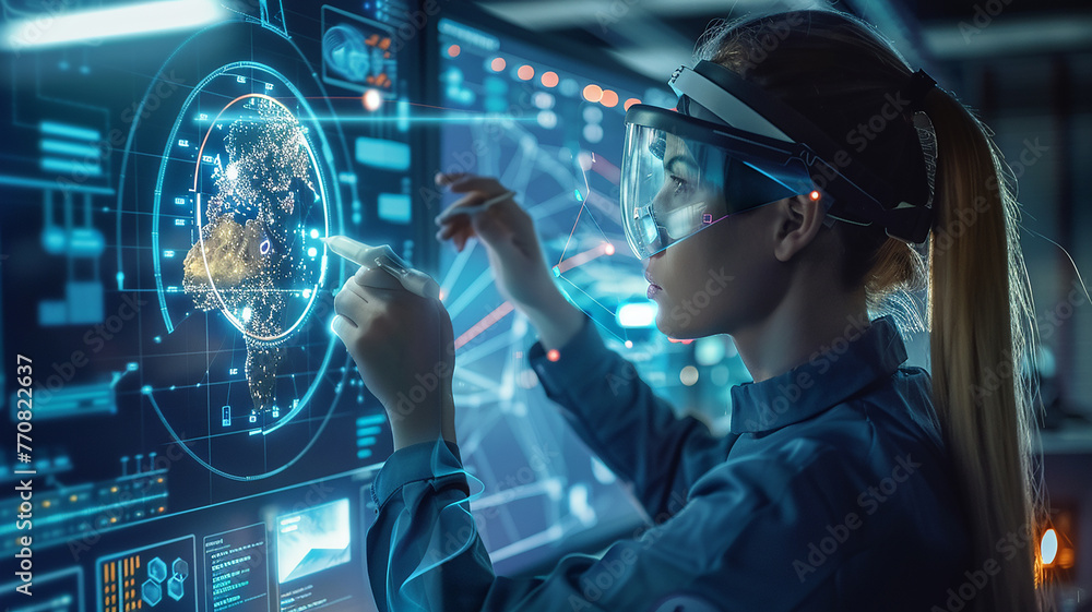 Medium shot of female technician working on a tablet in a data center full of rack servers running diagnostics and maintenance on the system Medium shot of female technician working on a tablet in a data center full of rack servers running diagnostics and maintenance on the system