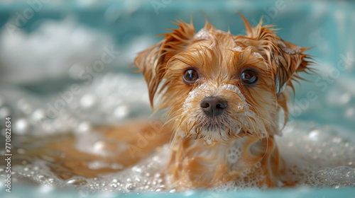 A cute small dog with wet fur surrounded by soap bubbles, giving a direct, soulful look towards the viewer