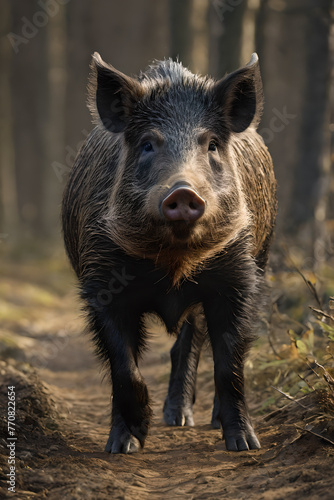 Wild boar running in the forest. © Maniockus