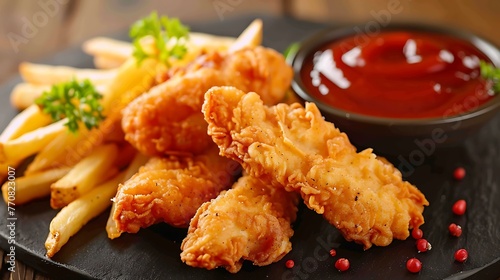 Fried chicken tenders or strips served with ketchup and fries