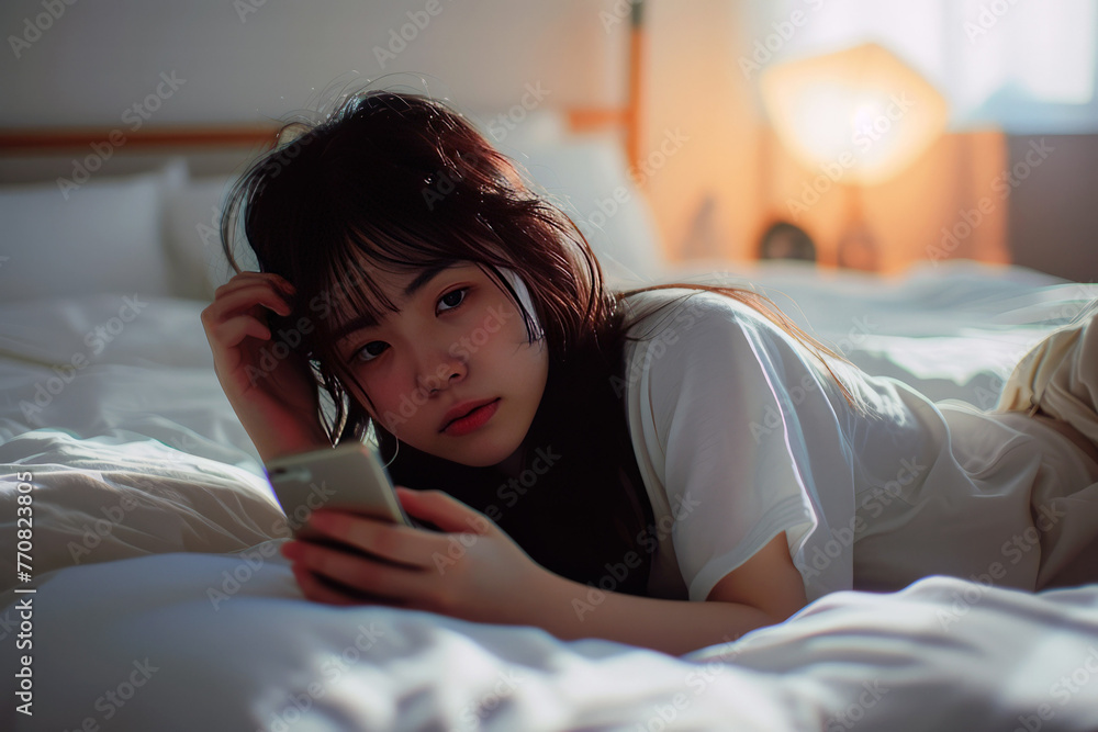 Young asian woman lay on her bed looking at her phone. AI genera - obrazy, fototapety, plakaty 