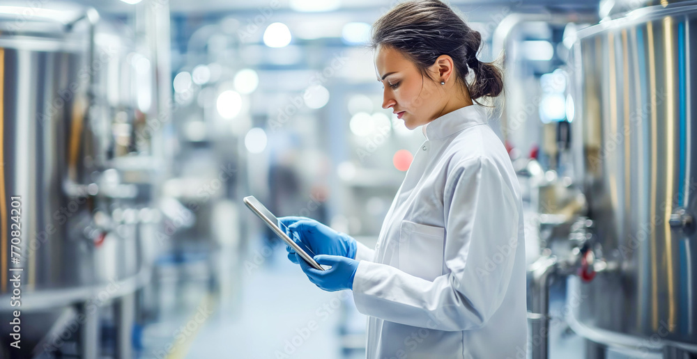 Female Scientist Using Tablet in Industrial Laboratory with Stainless Steel Equipment
Female Scientist Using Tablet in Industrial Laboratory with Stainless Steel Equipment