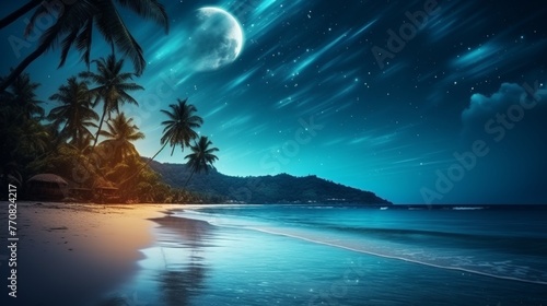 Vintage fantasy tropical beach starlit night sky with full moon, retro artwork in pastel tones