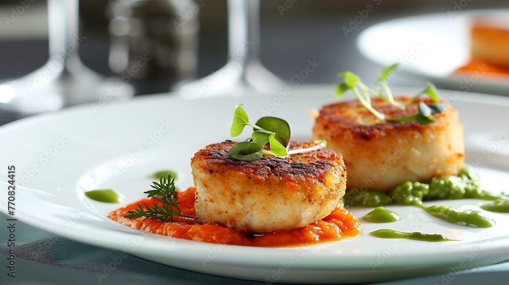 Gourmet plated fishcake or crabcake with vegetable puree Gourmet plated fishcake or crabcake with vegetable puree