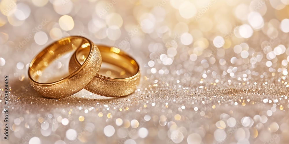 Two shiny gold wedding rings rest on a bed of sparkling glitter, creating a striking contrast between the warm metal and the shimmering background. Two shiny gold wedding rings rest on a bed of sparkling glitter, creating a striking contrast between the warm metal and the shimmering background.