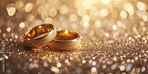 Two shiny gold wedding rings rest on a bed of sparkling glitter, creating a striking contrast between the warm metal and the shimmering background.