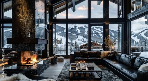 A large cozy living room with black leather couches, a fur throw on one of the sofas and a coffee table in front of it