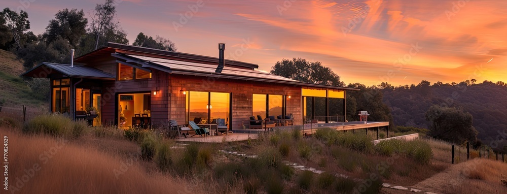 nature and sustainable living with a breathtaking shot of an eco-friendly house, bathed in the warm glow of dusk, nestled amidst a lush meadow. nature and sustainable living with a breathtaking shot of an eco-friendly house, bathed in the warm glow of dusk, nestled amidst a lush meadow.