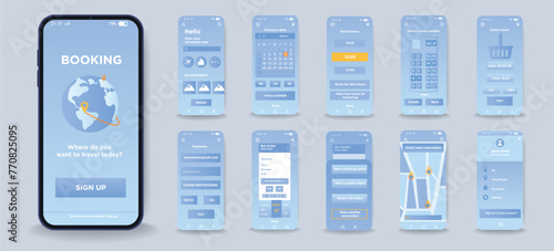 Concept of smartphone booking interface in flat design. Blue design of app screens for booking, trip planning, seat selection, hotel search. Vector Illustration.