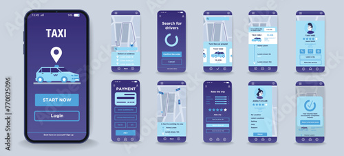 Concept of taxi service mobile app in flat design. Set of interface screens with user page, taxi booking, city navigation, online payment option and driver service rating. Vector Illustration.