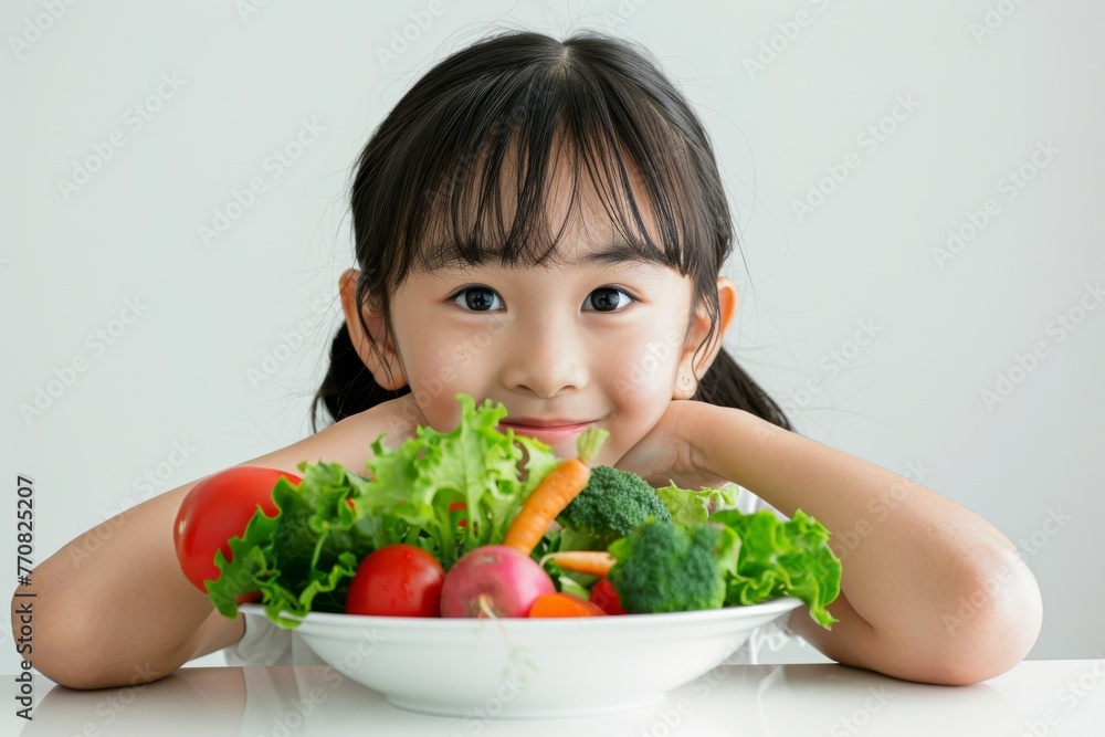 野菜と笑顔の日本人の女の子(食育・好き嫌い・収穫体験・料理教室) 野菜と笑顔の日本人の女の子(食育・好き嫌い・収穫体験・料理教室)