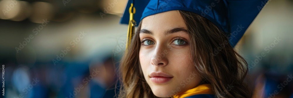 Portrait of a confident young woman in a blue graduation cap and gown, with a blurred ceremony background.
Portrait of a confident young woman in a blue graduation cap and gown, with a blurred ceremony background.