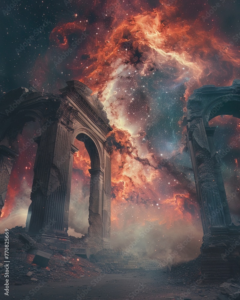 Timeworn arches frame a celestial explosion, merging history with the infinite cosmos Timeworn arches frame a celestial explosion, merging history with the infinite cosmos