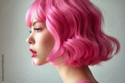 Profile of a woman with vibrant pink wavy hair. Hair salon banner