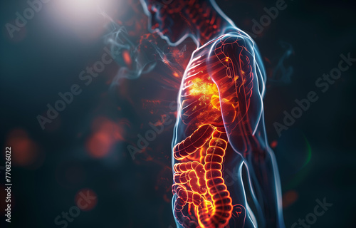 Transparent Human with Glowing Digestive System. 3D illustration of a human profile with a luminous digestive tract.