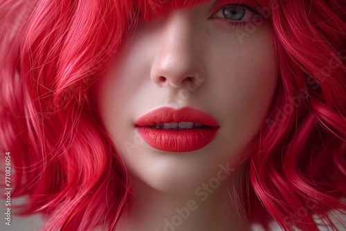 Intense close-up of a woman with striking pink hair and makeup