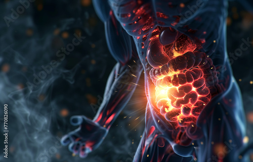 Glowing Intestinal Health Concept. A striking visualization featuring the glowing intestines within a human figure, highlighting the importance of gastrointestinal health and function. photo