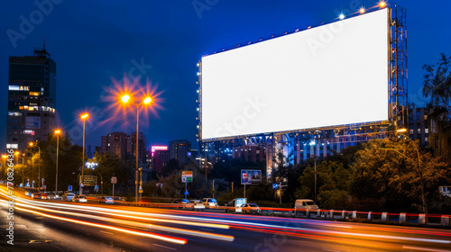Large billboard over busy city road at night