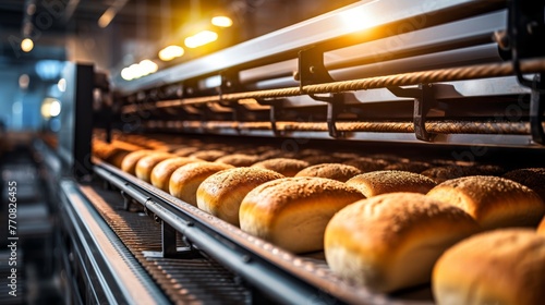 Automated bakery production line with bread loaves on conveyor belt for efficient manufacturing