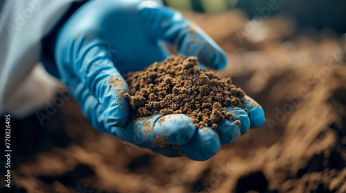 Close up of a person's hand holding a soil sample to test for environmental contaminants