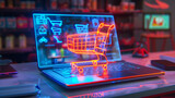 Holographic shopping cart projection over laptop