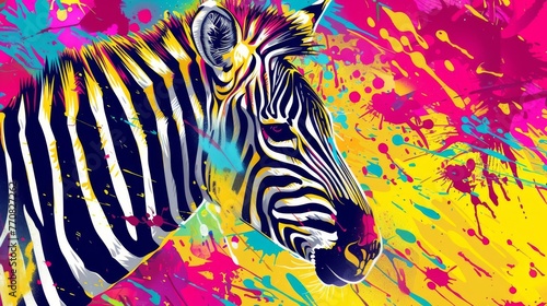 Vibrant abstract zebra art  colorful splattered paint background  modern digital illustration