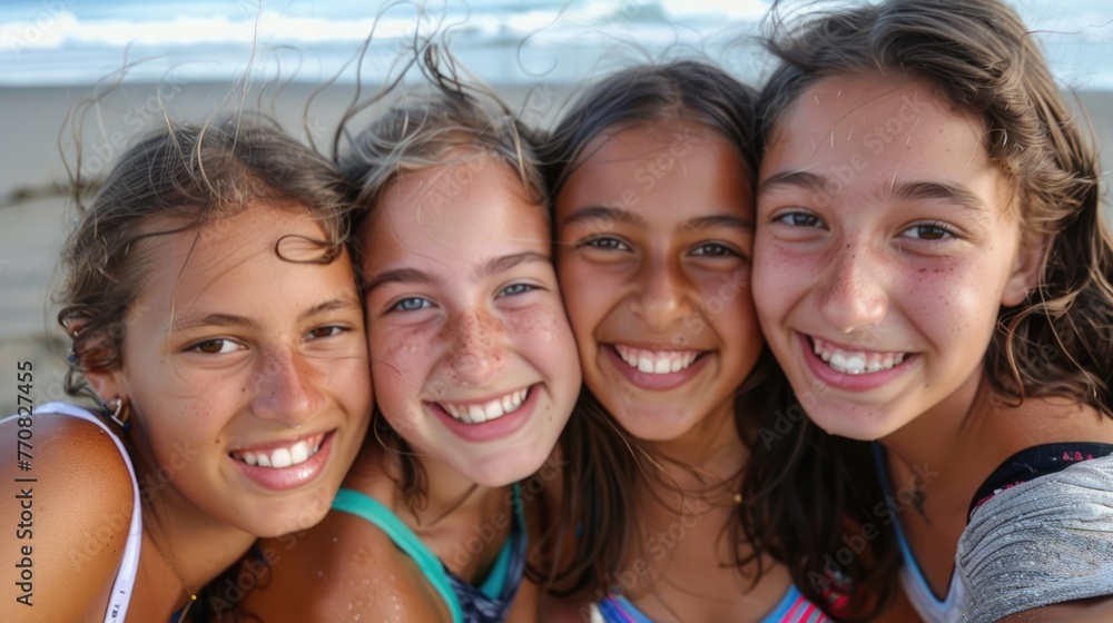 Girls Smiling - Four Caucasian Teenage Girls at the Beach Smiling in a Group