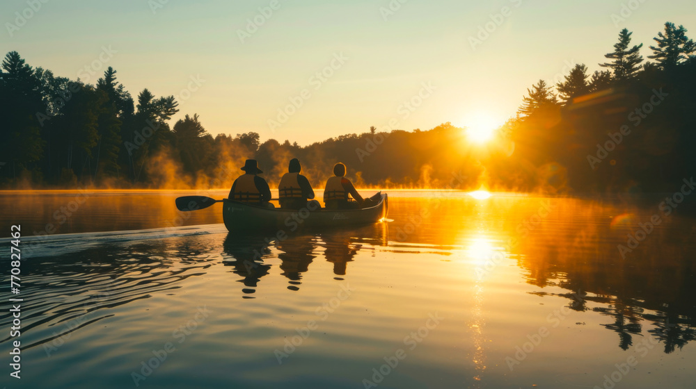 Three people canoeing on a calm lake at sunrise