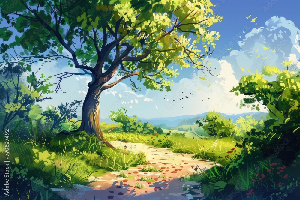 Cartoon Illustration of Tree-lined Path in a Lush Green Garden Landscape