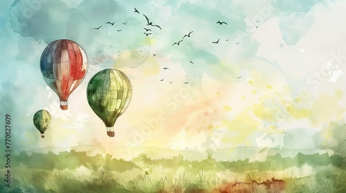 Vintage hot air balloons floating over a whimsical countryside landscape, watercolor illustration