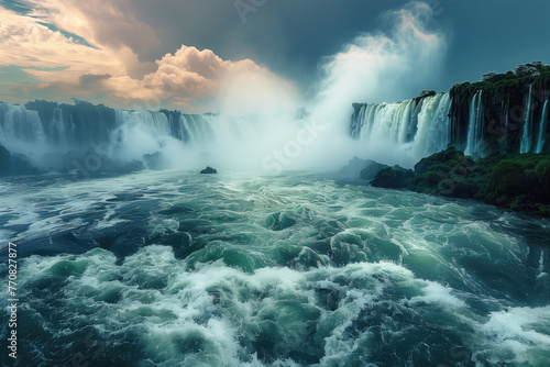 landscape with view of waterfall and powerfull stream