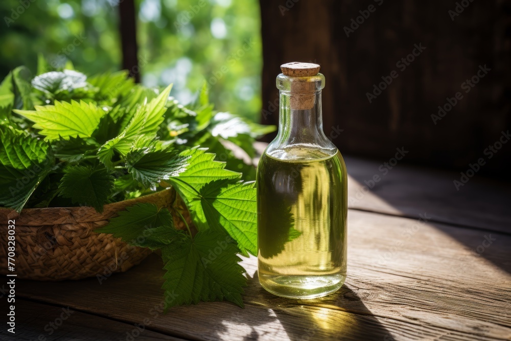 Nettle leaves and essential oil in bottle on wooden background for natural remedies and wellness