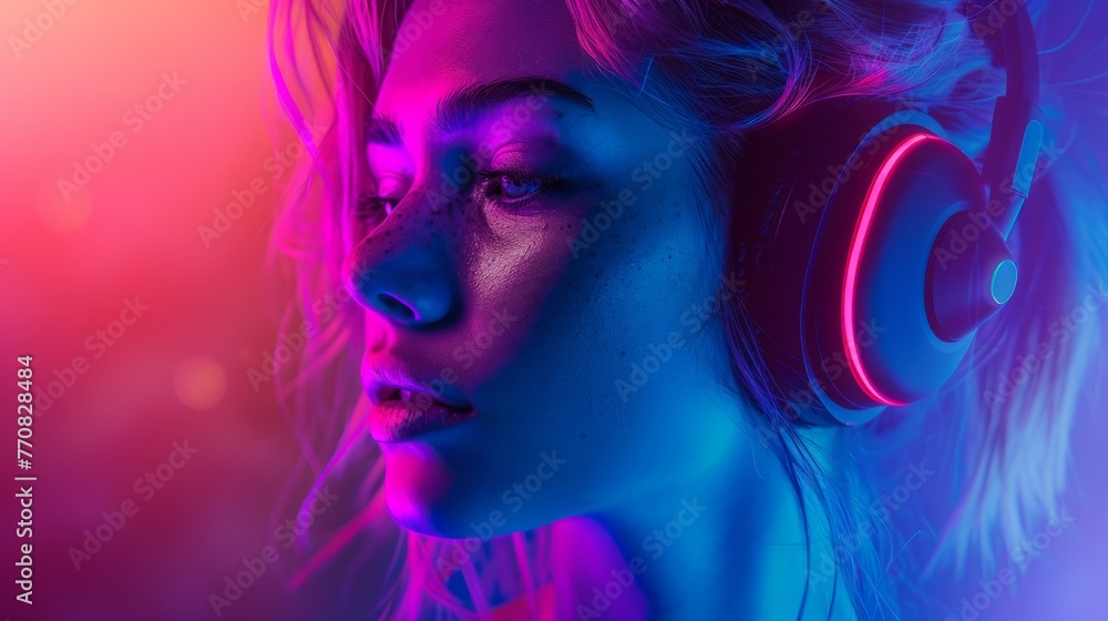 young woman with headphones and neon lights generative ai