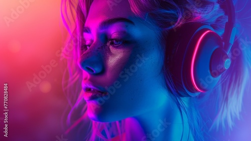 young woman with headphones and neon lights generative ai