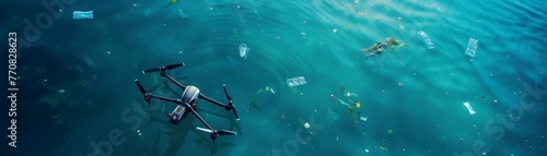 Ocean cleaning drones in action, removing plastic waste, technology versus pollution low texture photo