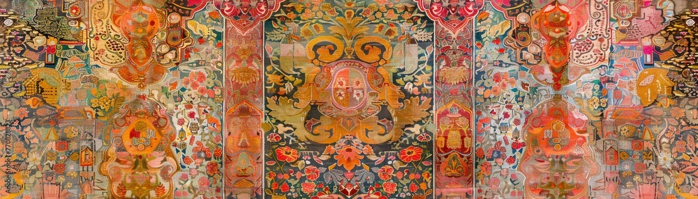 Intricate traditional tapestry, vibrant colors, detailed patterns, textured weave no dust
