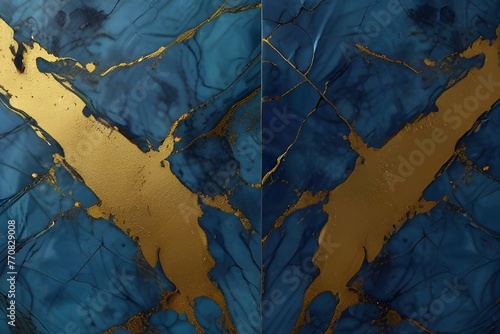 Abstract blue marble texture with gold splashes, blue luxury background Generative AI
