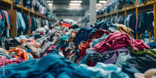 Textile fabric pile in recycling facility showcasing reuse of clothing and combating fast fashion pollution. Concept Recycling Facility, Textile Fabric, Clothing Reuse, Fast Fashion Pollution photo