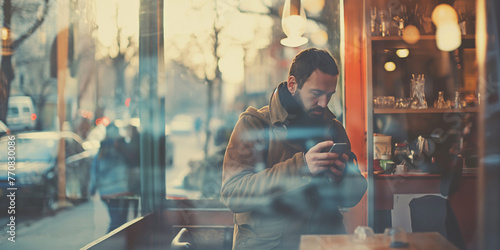 Man in cafe looking at phone with city reflections on the window.