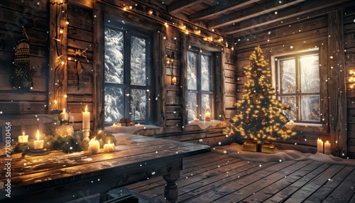 A large wall frame mockup in an old rustic cabin, candles and christmas tree on the table photo