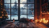A large wall frame mockup in an old rustic cabin, large windows with a snowy landscape outside, candles on the table, a christmas tree and lanterns on one side of room