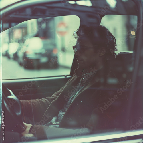 Relaxed man in car, resting, city life passing by.
