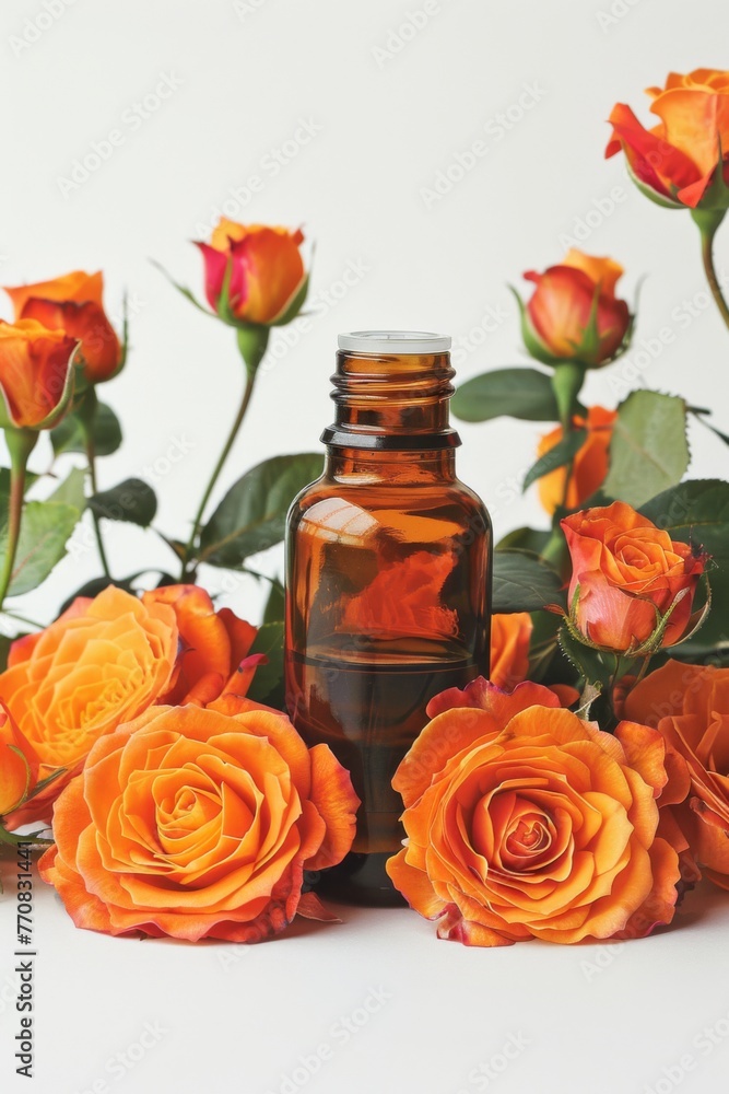 A stunning composition featuring a classic brown bottle of cedarwood essential oil surrounded by vibrant orange roses against a clean white backdrop. A stunning composition featuring a classic brown bottle of cedarwood essential oil surrounded by vibrant orange roses against a clean white backdrop.