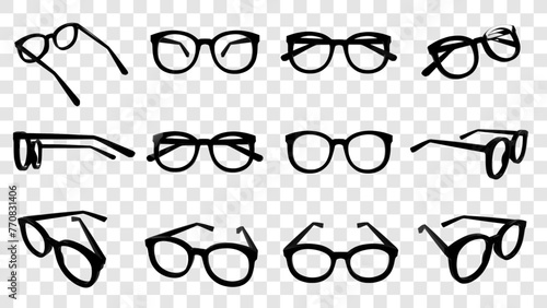 3D Vector Horn-Rimmed Black Glasses / Different Angle View / Isolated On Transparent Background