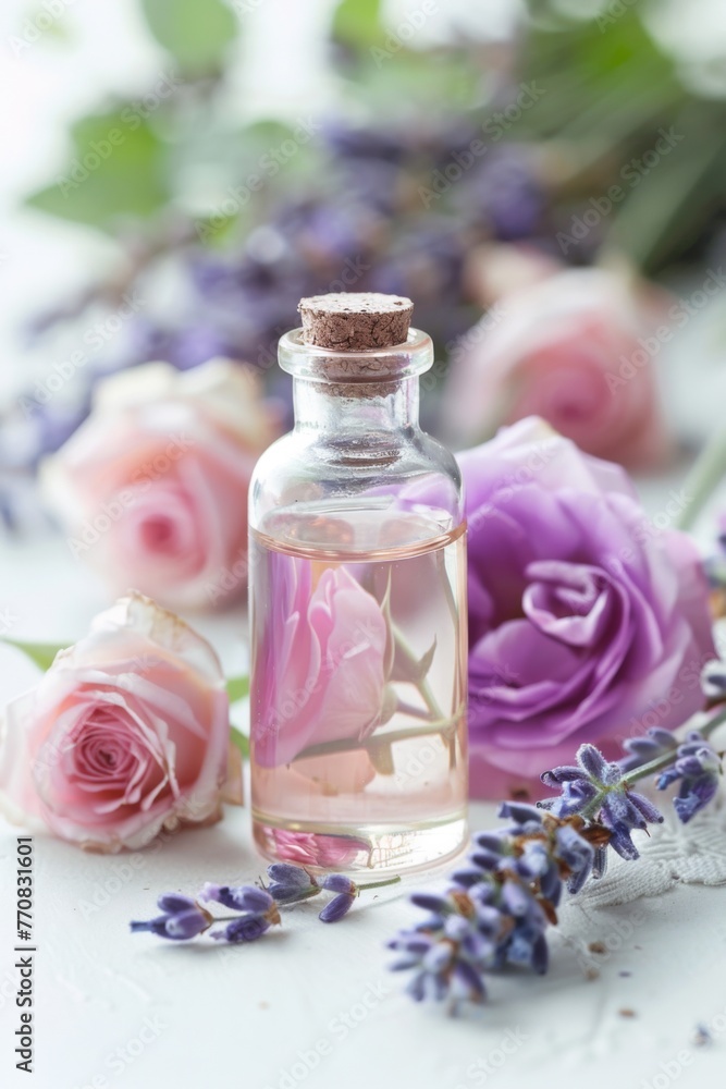 A serene composition featuring a clear glass bottle filled with lavender essential oil, encircled by dainty pink roses, set against a pure white backdrop. A serene composition featuring a clear glass bottle filled with lavender essential oil, encircled by dainty pink roses, set against a pure white backdrop.