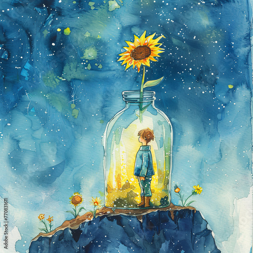 The Little Prince with his sunflower inside a terrarium bottle