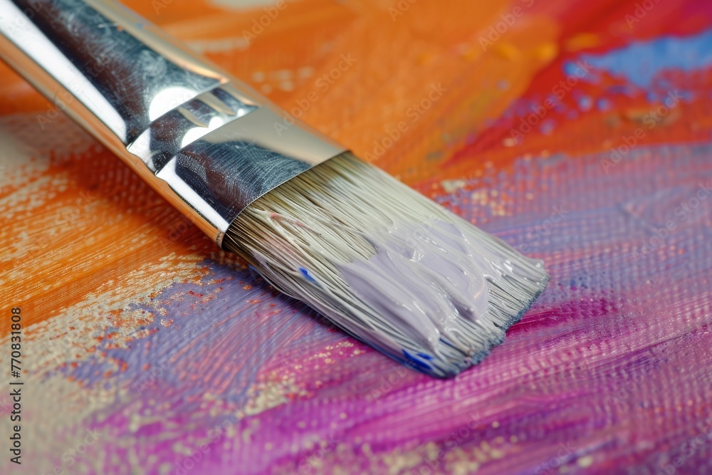 Fototapeta premium Colorful array of paintbrushes and paints on an artist's palette, vibrant and dynamic composition.