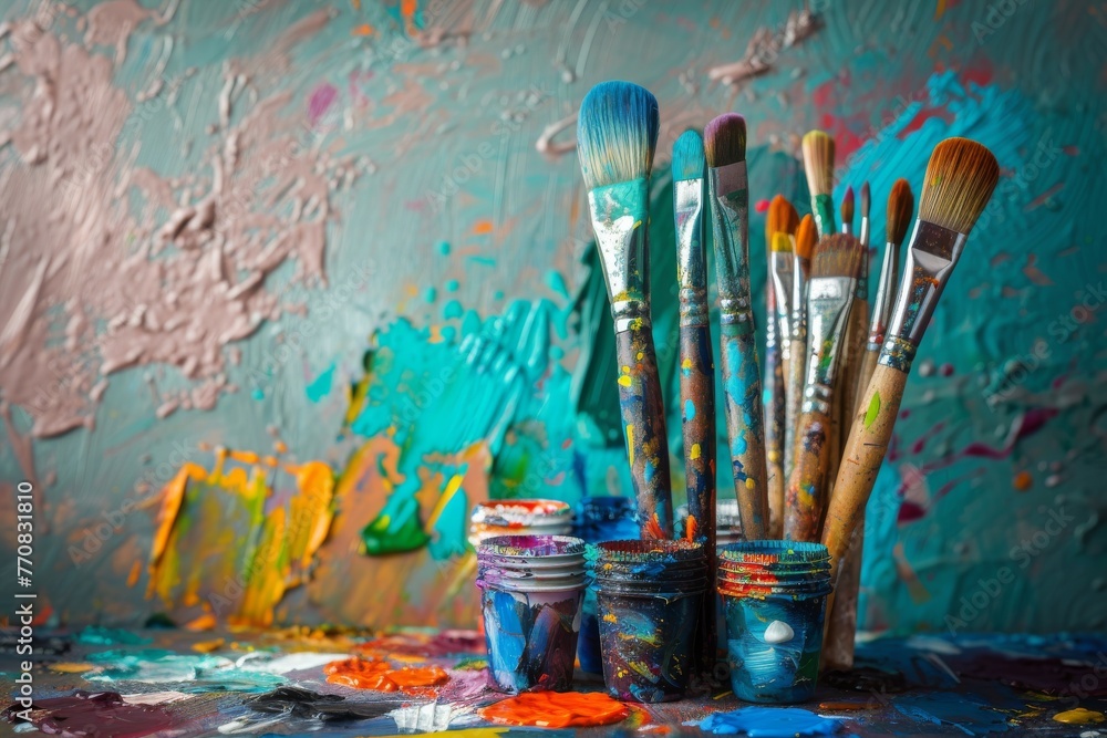 Fototapeta premium Colorful array of paintbrushes and paints on an artist's palette, vibrant and dynamic composition.