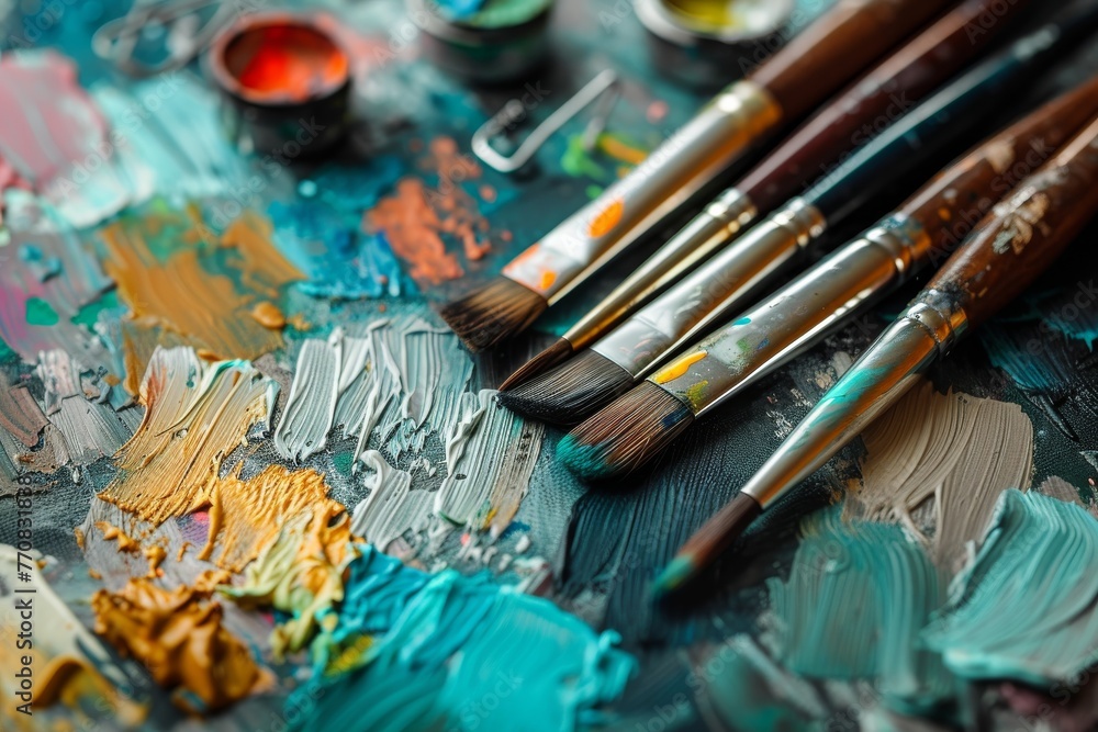Colorful array of paintbrushes and paints on an artist's palette, vibrant and dynamic composition. Colorful array of paintbrushes and paints on an artist's palette, vibrant and dynamic composition.